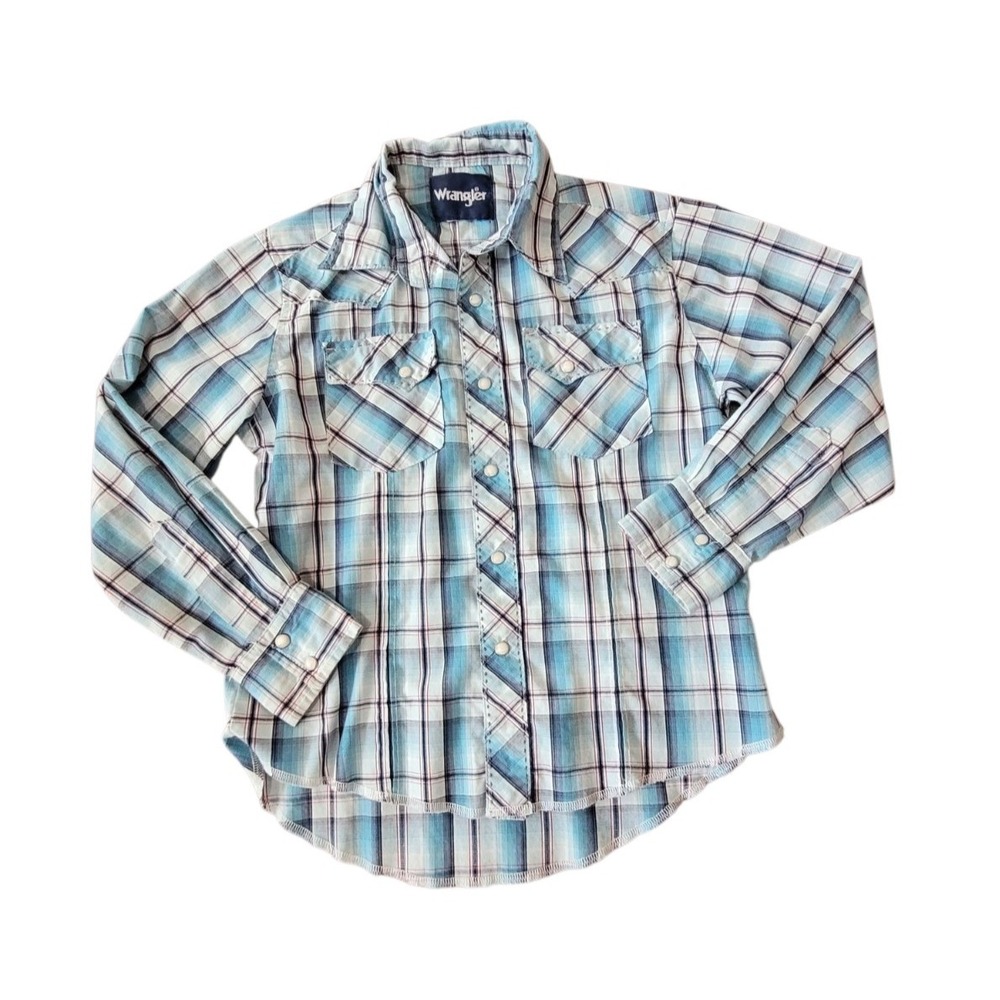 Wrangler Blue Plaid Pearl Snap Button Down Rodeo Dress Shirt Boys Size M